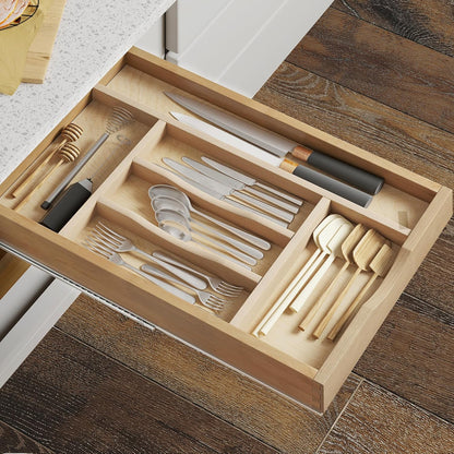 Premium Wooden Silverware Organizer for Kitchen Drawers, Utensil Tray for Kitchen Drawer, Cutlery Drawer Organizer for Forks, Spoons, Knives - Sturdy Birchwood, Natural Finish