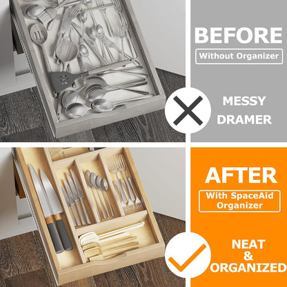 Premium Wooden Silverware Organizer for Kitchen Drawers, Utensil Tray for Kitchen Drawer, Cutlery Drawer Organizer for Forks, Spoons, Knives - Sturdy Birchwood, Natural Finish