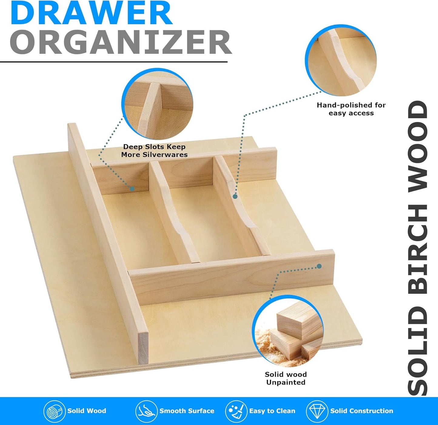 Premium Wooden Silverware Organizer for Kitchen Drawers, Utensil Tray for Kitchen Drawer, Cutlery Drawer Organizer for Forks, Spoons, Knives - Sturdy Birchwood, Natural Finish