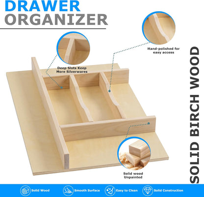Premium Wooden Silverware Organizer for Kitchen Drawers, Utensil Tray for Kitchen Drawer, Cutlery Drawer Organizer for Forks, Spoons, Knives - Sturdy Birchwood, Natural Finish