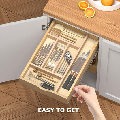 Premium Wooden Silverware Organizer for Kitchen Drawers, Utensil Tray for Kitchen Drawer, Cutlery Drawer Organizer for Forks, Spoons, Knives - Sturdy Birchwood, Natural Finish