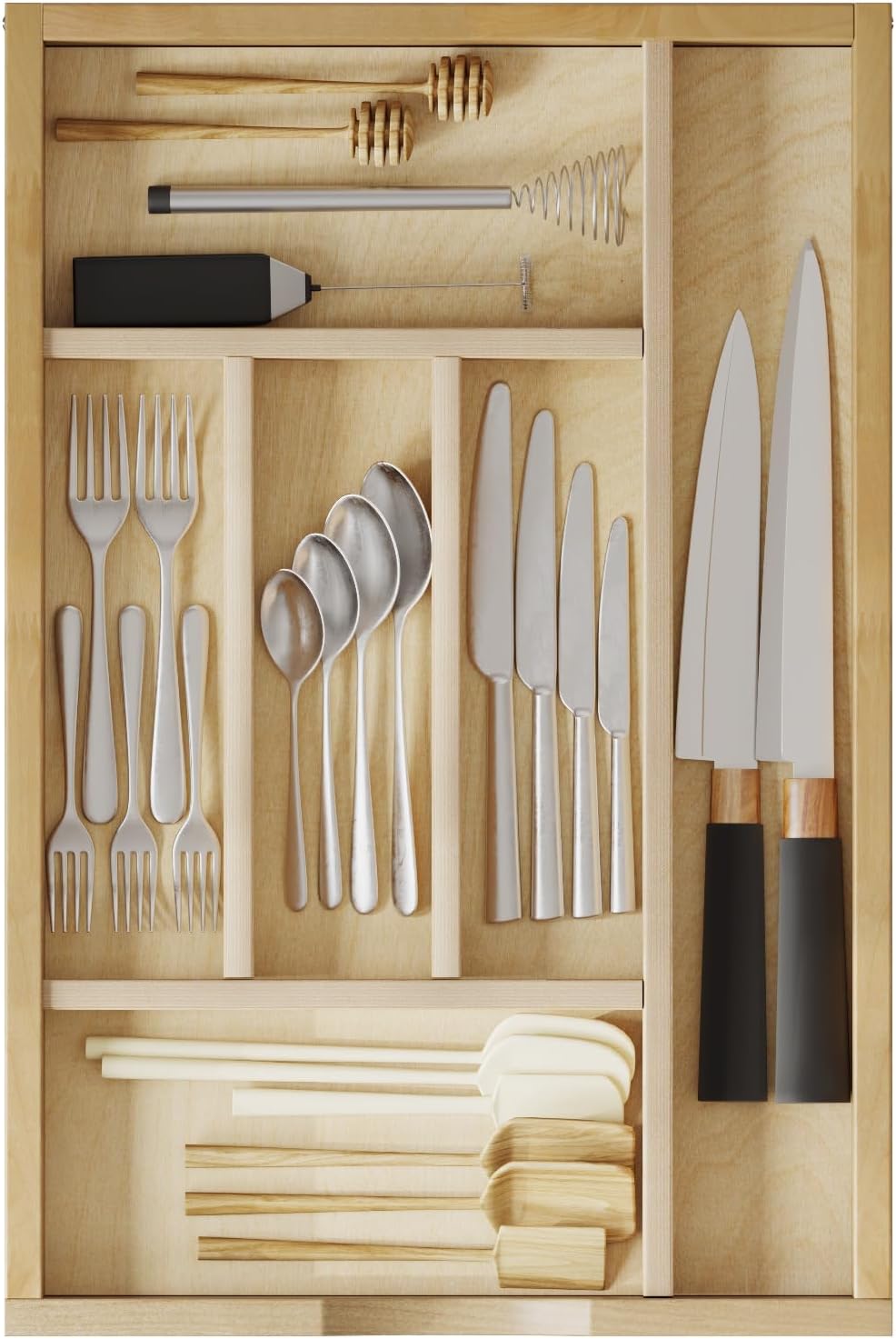 Premium Wooden Silverware Organizer for Kitchen Drawers, Utensil Tray for Kitchen Drawer, Cutlery Drawer Organizer for Forks, Spoons, Knives - Sturdy Birchwood, Natural Finish