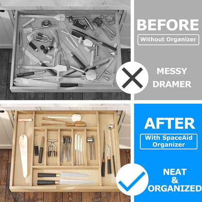 Premium Wooden Silverware Organizer for Kitchen Drawers, Utensil Tray for Kitchen Drawer, Cutlery Drawer Organizer for Forks, Spoons, Knives - Sturdy Birchwood, Natural Finish