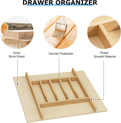 Premium Wooden Silverware Organizer for Kitchen Drawers, Utensil Tray for Kitchen Drawer, Cutlery Drawer Organizer for Forks, Spoons, Knives - Sturdy Birchwood, Natural Finish