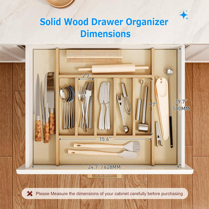 Premium Wooden Silverware Organizer for Kitchen Drawers, Utensil Tray for Kitchen Drawer, Cutlery Drawer Organizer for Forks, Spoons, Knives - Sturdy Birchwood, Natural Finish