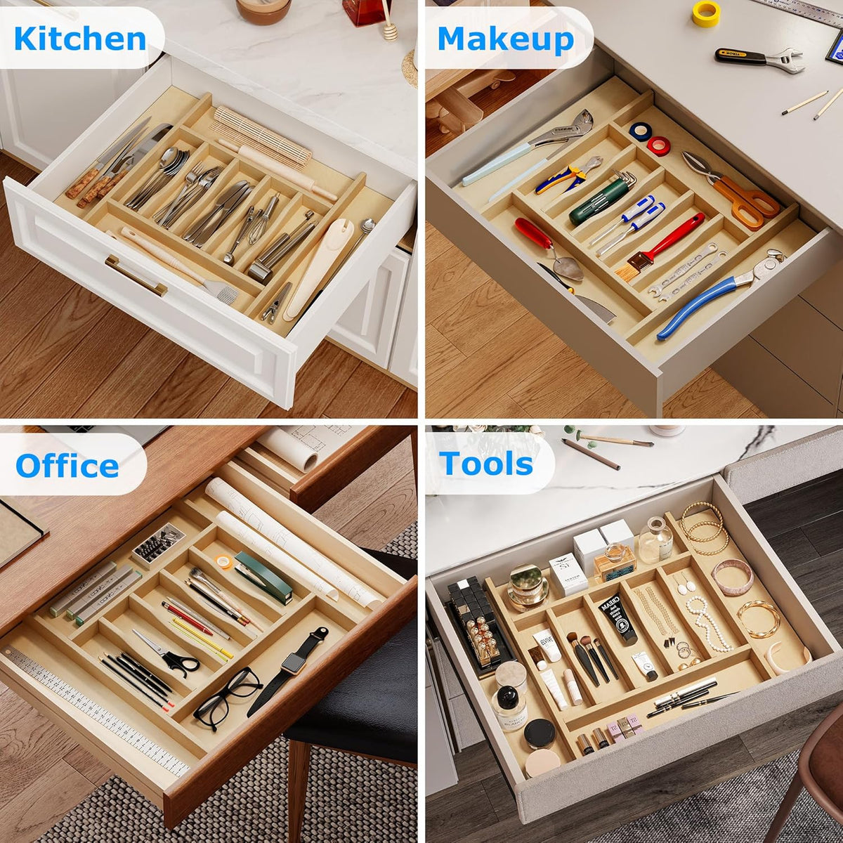 Premium Wooden Silverware Organizer for Kitchen Drawers, Utensil Tray for Kitchen Drawer, Cutlery Drawer Organizer for Forks, Spoons, Knives - Sturdy Birchwood, Natural Finish