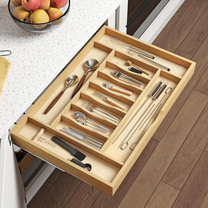 Premium Wooden Silverware Organizer for Kitchen Drawers, Utensil Tray for Kitchen Drawer, Cutlery Drawer Organizer for Forks, Spoons, Knives - Sturdy Birchwood, Natural Finish