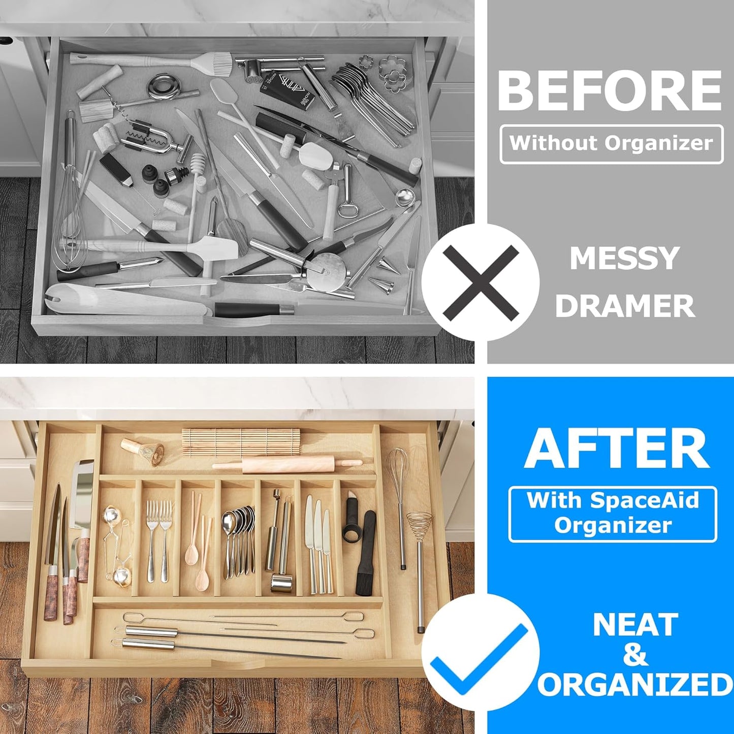 Premium Wooden Silverware Organizer for Kitchen Drawers, Utensil Tray for Kitchen Drawer, Cutlery Drawer Organizer for Forks, Spoons, Knives - Sturdy Birchwood, Natural Finish