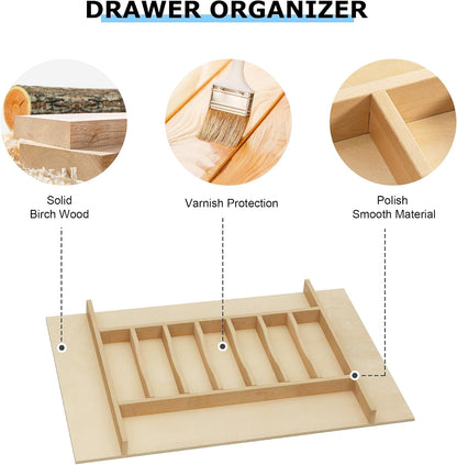 Premium Wooden Silverware Organizer for Kitchen Drawers, Utensil Tray for Kitchen Drawer, Cutlery Drawer Organizer for Forks, Spoons, Knives - Sturdy Birchwood, Natural Finish