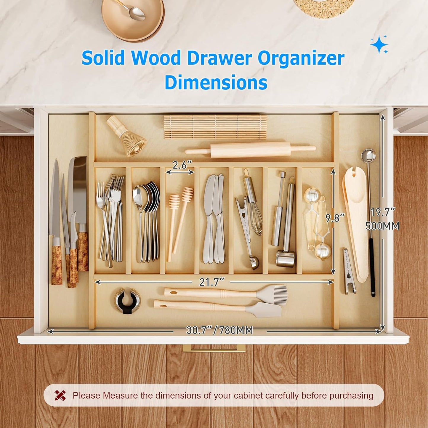 Premium Wooden Silverware Organizer for Kitchen Drawers, Utensil Tray for Kitchen Drawer, Cutlery Drawer Organizer for Forks, Spoons, Knives - Sturdy Birchwood, Natural Finish