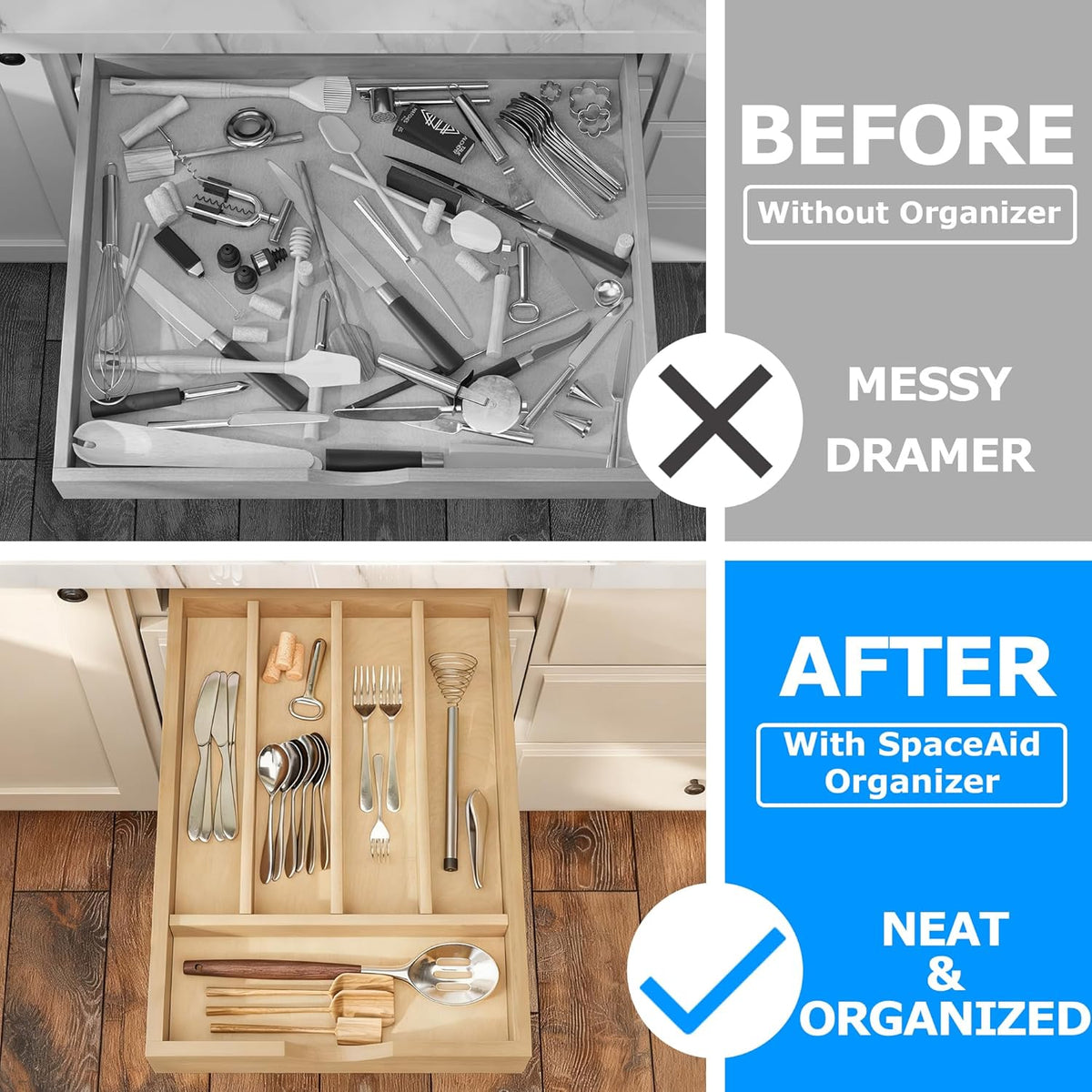 Premium Wooden Silverware Organizer for Kitchen Drawers, Utensil Tray for Kitchen Drawer, Cutlery Drawer Organizer for Forks, Spoons, Knives - Sturdy Birchwood, Natural Finish