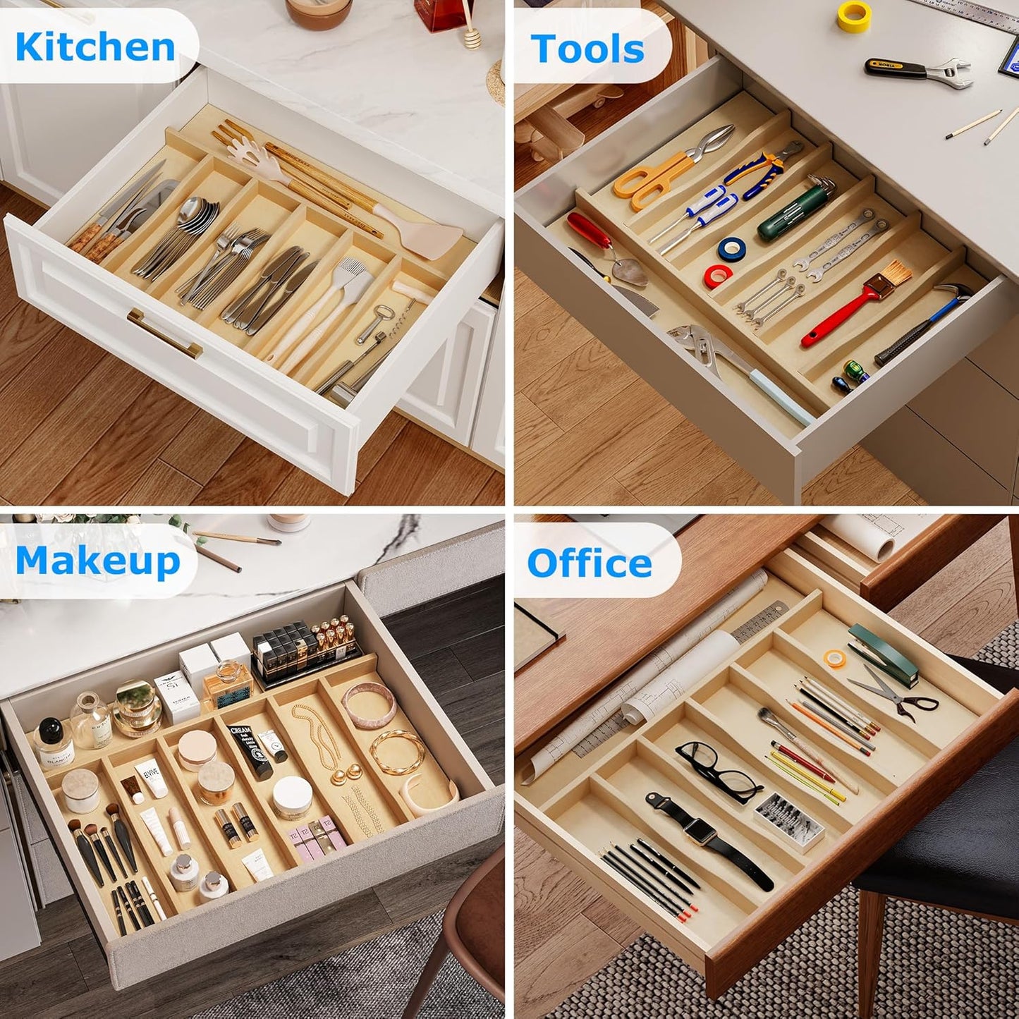 Premium Wooden Silverware Organizer for Kitchen Drawers, Utensil Tray for Kitchen Drawer, Cutlery Drawer Organizer for Forks, Spoons, Knives - Sturdy Birchwood, Natural Finish