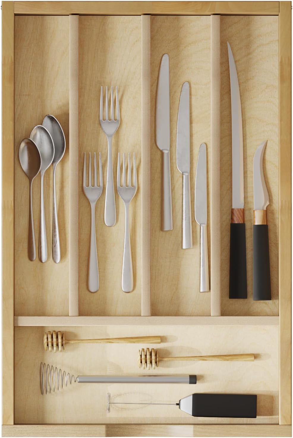 Premium Wooden Silverware Organizer for Kitchen Drawers, Utensil Tray for Kitchen Drawer, Cutlery Drawer Organizer for Forks, Spoons, Knives - Sturdy Birchwood, Natural Finish