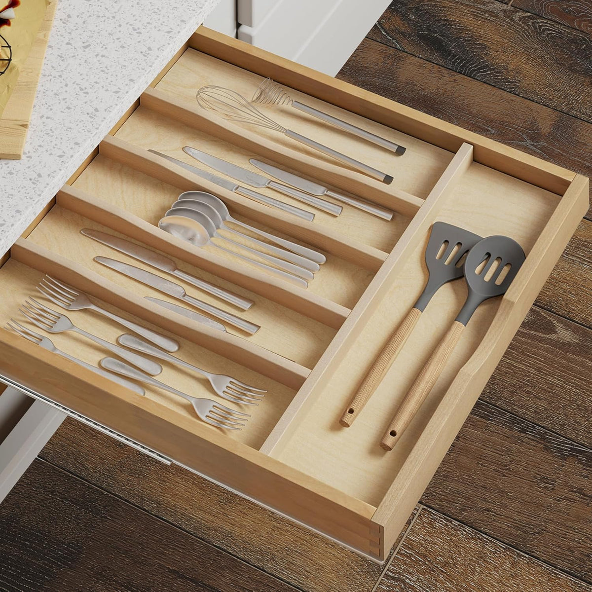 Premium Wooden Silverware Organizer for Kitchen Drawers, Utensil Tray for Kitchen Drawer, Cutlery Drawer Organizer for Forks, Spoons, Knives - Sturdy Birchwood, Natural Finish