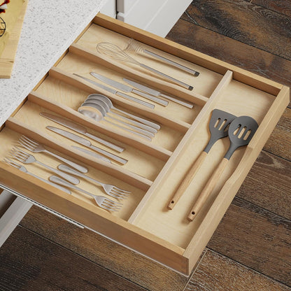 Premium Wooden Silverware Organizer for Kitchen Drawers, Utensil Tray for Kitchen Drawer, Cutlery Drawer Organizer for Forks, Spoons, Knives - Sturdy Birchwood, Natural Finish