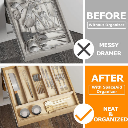 Premium Wooden Silverware Organizer for Kitchen Drawers, Utensil Tray for Kitchen Drawer, Cutlery Drawer Organizer for Forks, Spoons, Knives - Sturdy Birchwood, Natural Finish