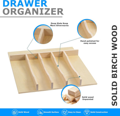Premium Wooden Silverware Organizer for Kitchen Drawers, Utensil Tray for Kitchen Drawer, Cutlery Drawer Organizer for Forks, Spoons, Knives - Sturdy Birchwood, Natural Finish