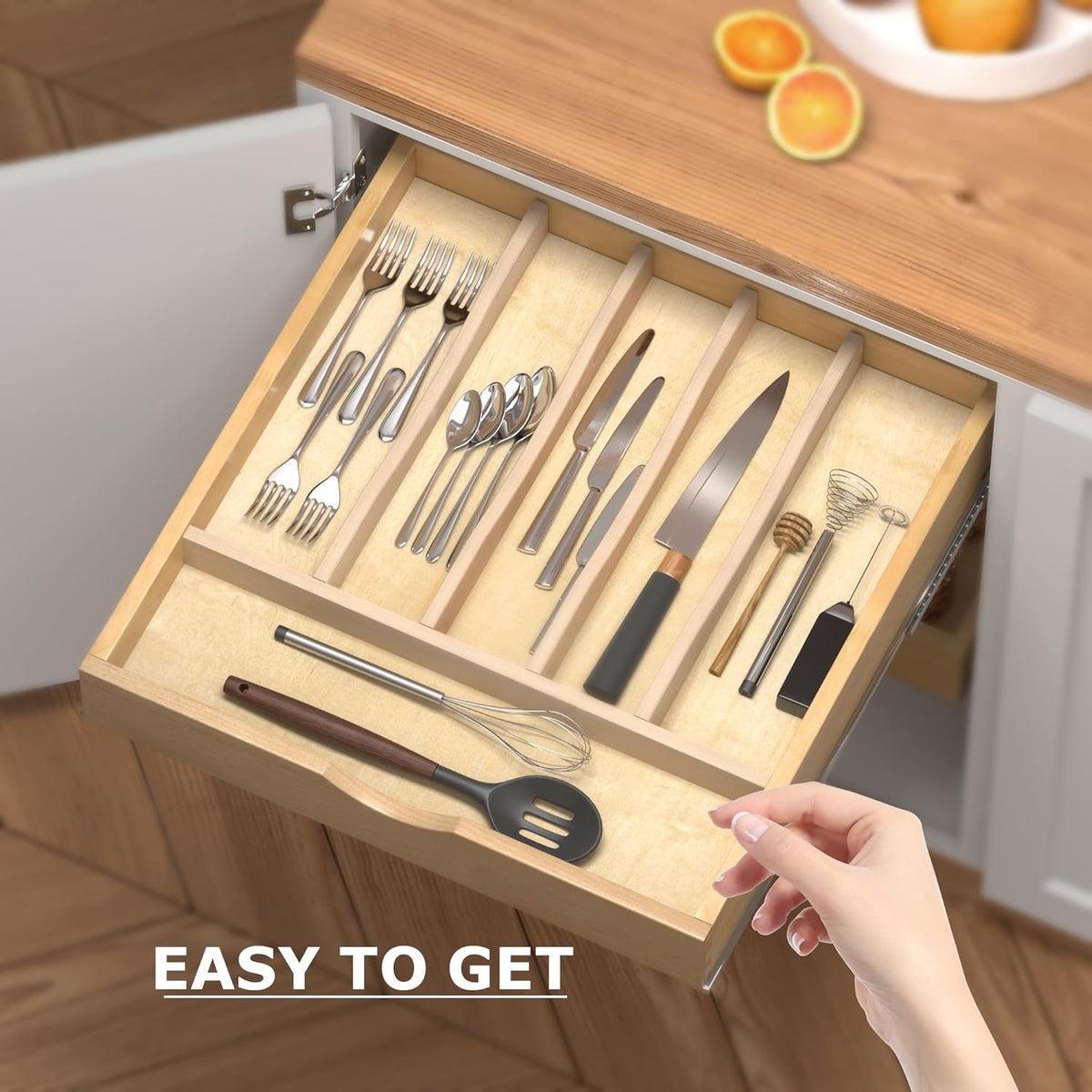 Premium Wooden Silverware Organizer for Kitchen Drawers, Utensil Tray for Kitchen Drawer, Cutlery Drawer Organizer for Forks, Spoons, Knives - Sturdy Birchwood, Natural Finish