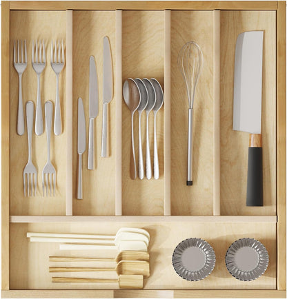Premium Wooden Silverware Organizer for Kitchen Drawers, Utensil Tray for Kitchen Drawer, Cutlery Drawer Organizer for Forks, Spoons, Knives - Sturdy Birchwood, Natural Finish