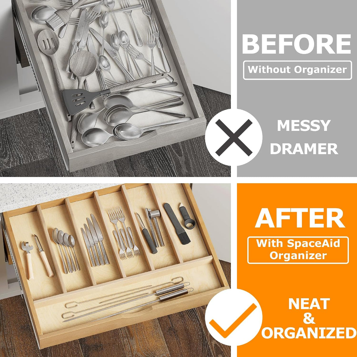 Premium Wooden Silverware Organizer for Kitchen Drawers, Utensil Tray for Kitchen Drawer, Cutlery Drawer Organizer for Forks, Spoons, Knives - Sturdy Birchwood, Natural Finish