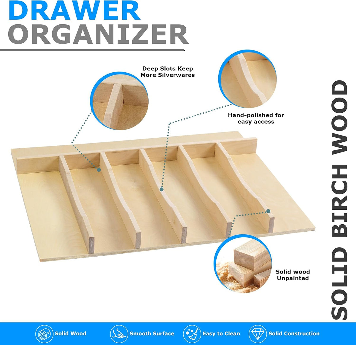 Premium Wooden Silverware Organizer for Kitchen Drawers, Utensil Tray for Kitchen Drawer, Cutlery Drawer Organizer for Forks, Spoons, Knives - Sturdy Birchwood, Natural Finish