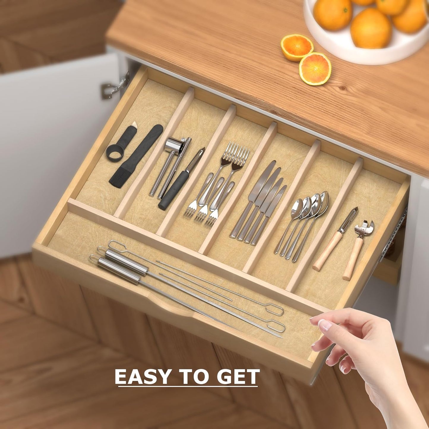 Premium Wooden Silverware Organizer for Kitchen Drawers, Utensil Tray for Kitchen Drawer, Cutlery Drawer Organizer for Forks, Spoons, Knives - Sturdy Birchwood, Natural Finish