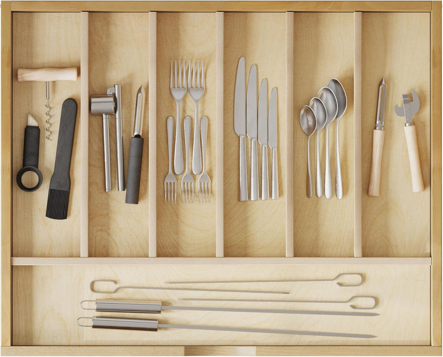 Premium Wooden Silverware Organizer for Kitchen Drawers, Utensil Tray for Kitchen Drawer, Cutlery Drawer Organizer for Forks, Spoons, Knives - Sturdy Birchwood, Natural Finish