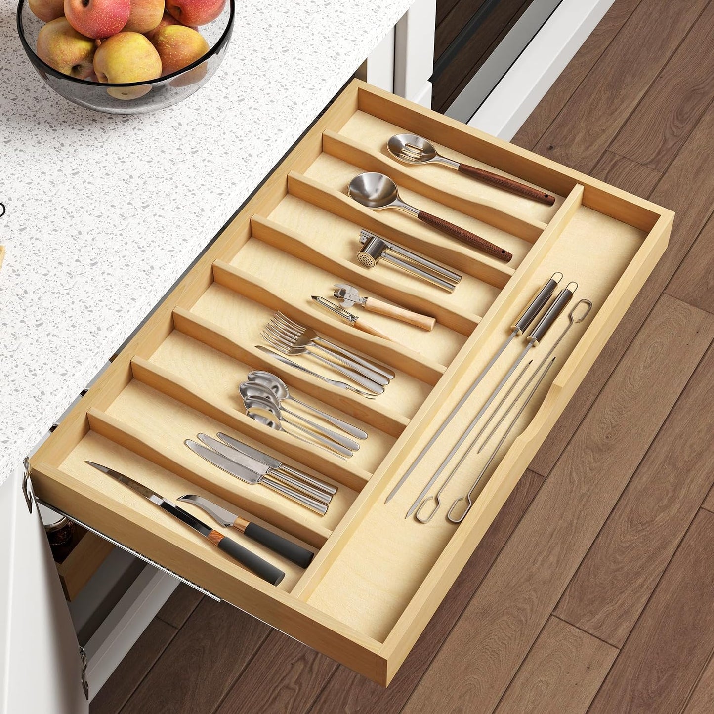 Premium Wooden Silverware Organizer for Kitchen Drawers, Utensil Tray for Kitchen Drawer, Cutlery Drawer Organizer for Forks, Spoons, Knives - Sturdy Birchwood, Natural Finish