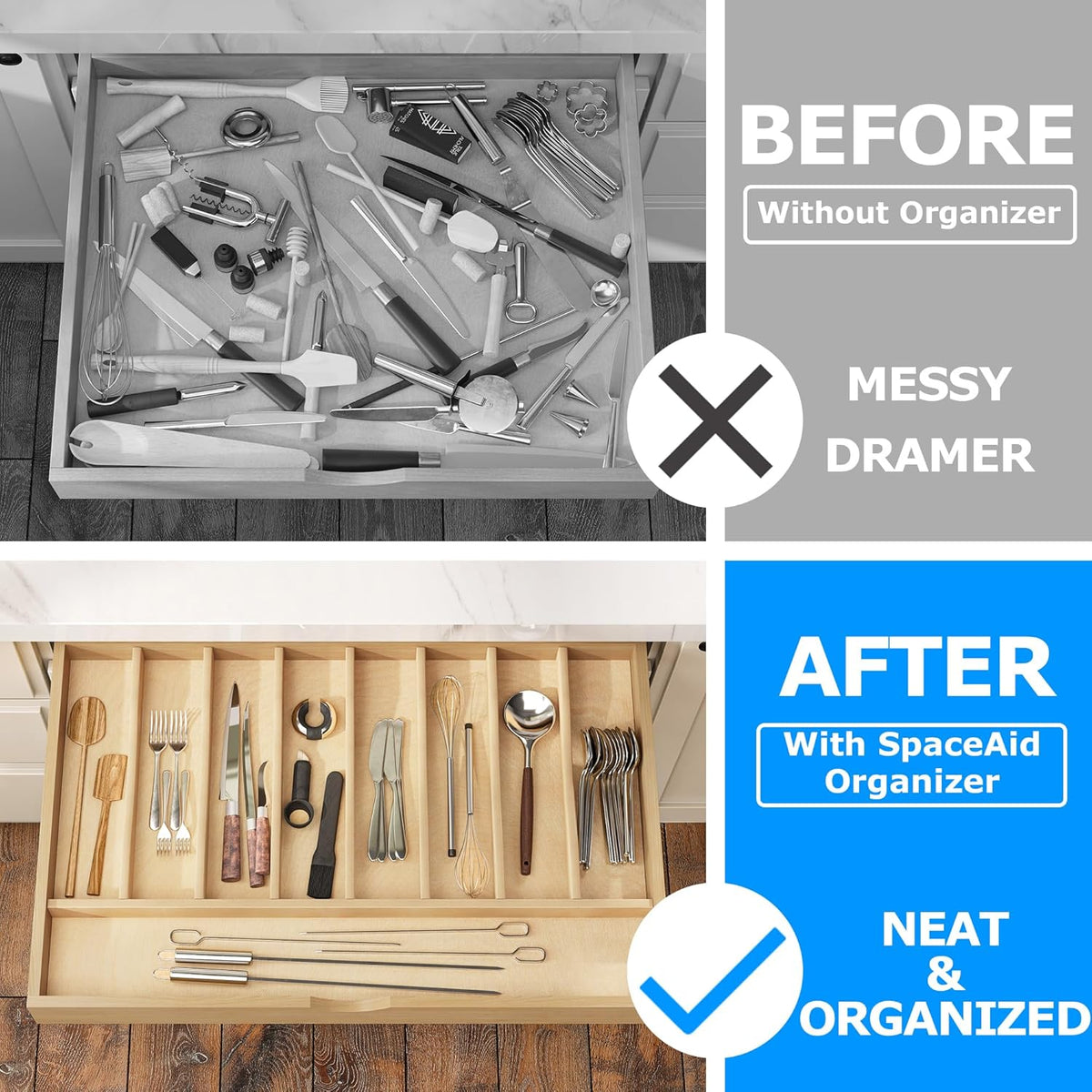 Premium Wooden Silverware Organizer for Kitchen Drawers, Utensil Tray for Kitchen Drawer, Cutlery Drawer Organizer for Forks, Spoons, Knives - Sturdy Birchwood, Natural Finish