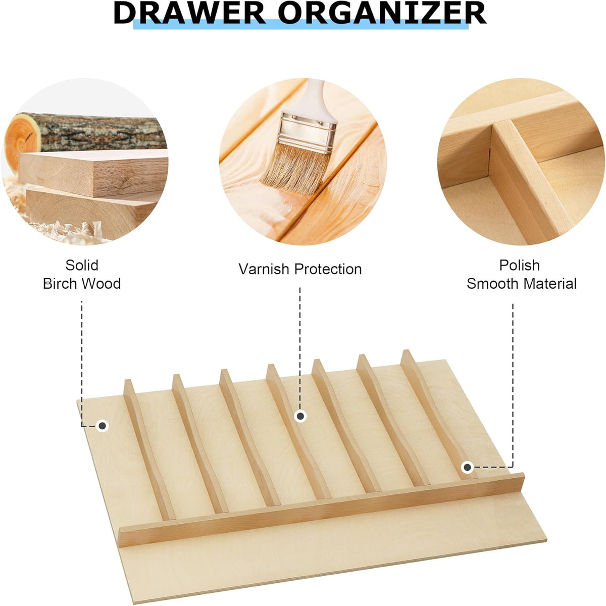 Premium Wooden Silverware Organizer for Kitchen Drawers, Utensil Tray for Kitchen Drawer, Cutlery Drawer Organizer for Forks, Spoons, Knives - Sturdy Birchwood, Natural Finish