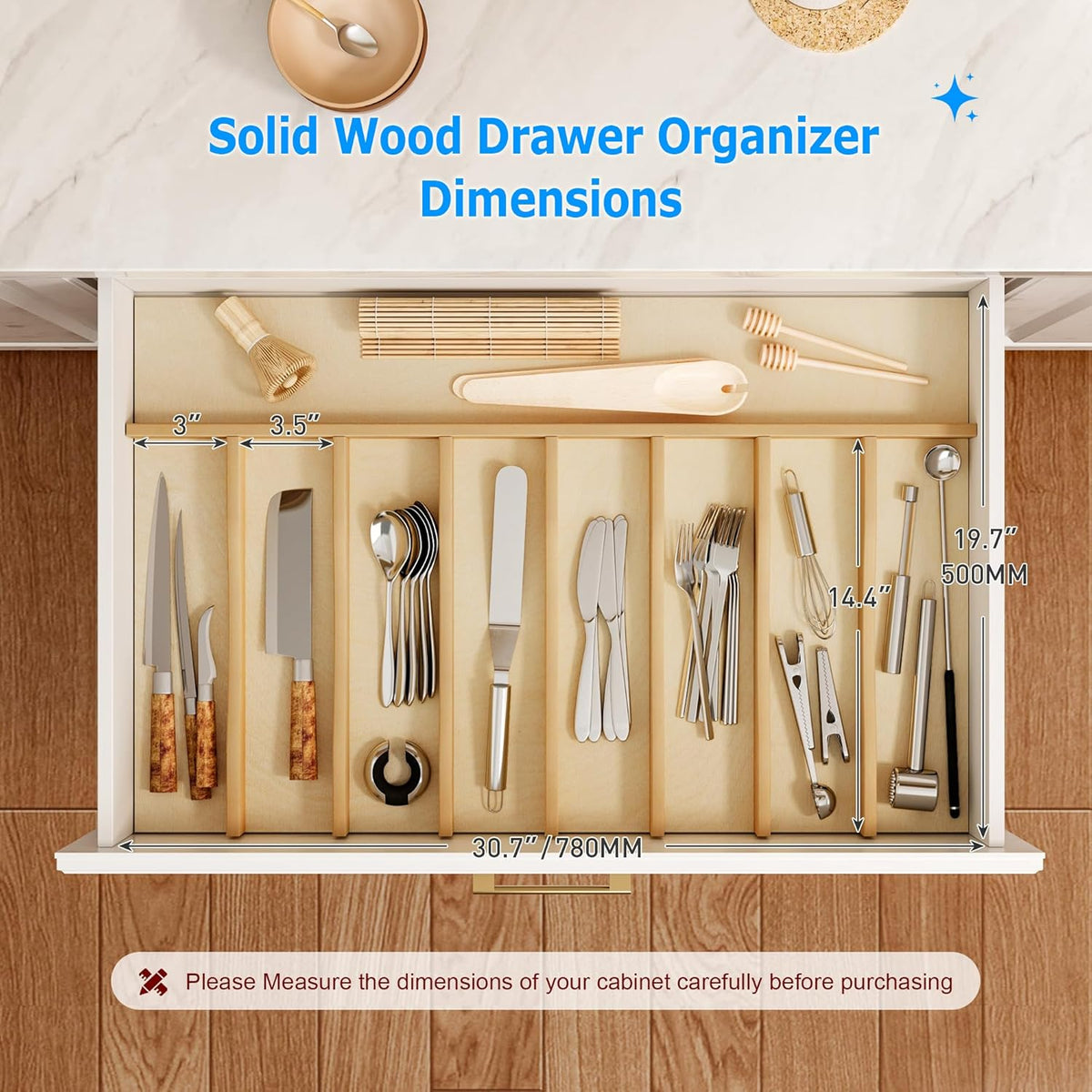 Premium Wooden Silverware Organizer for Kitchen Drawers, Utensil Tray for Kitchen Drawer, Cutlery Drawer Organizer for Forks, Spoons, Knives - Sturdy Birchwood, Natural Finish