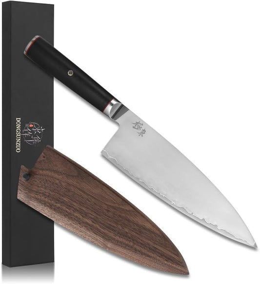 8 Inch Chef Knife, Japanese AUS-10 Triple Layer Composite Steel Gyuto, Professional Forged Kitchen Knife with G10 Handle & Black Walnut Wood Sheath Set