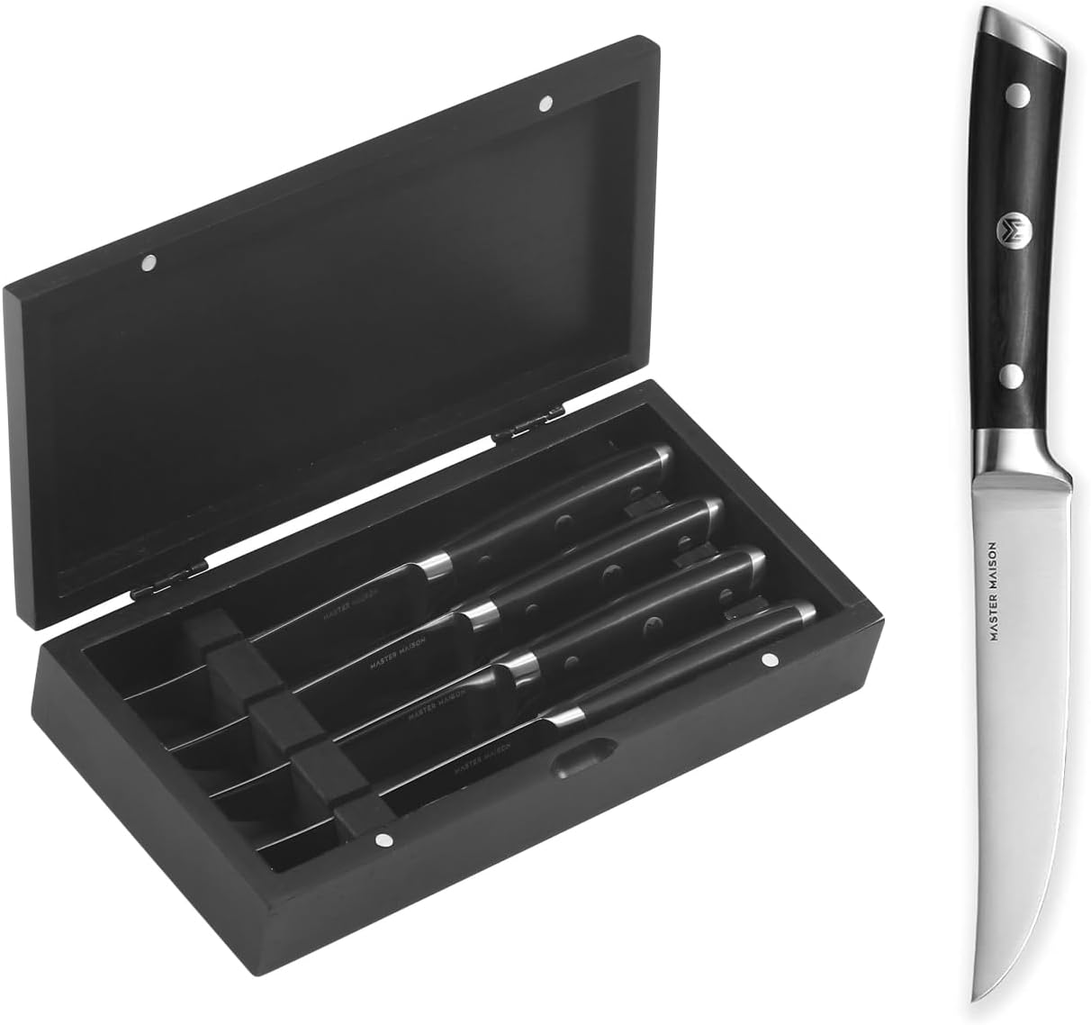 4-Piece 5" Ultra Premium Steak Knife Set | 4 German Non-Serrated Stainless Steel Kitchen Steak Knives + Wood Chef Gift Box | Anti-Fatigue Ergonomic Full-Tang Triple-Riveted Handle, Black