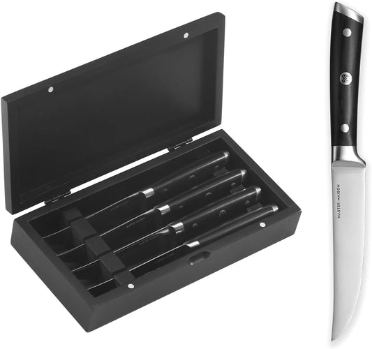 4-Piece 5" Ultra Premium Steak Knife Set | 4 German Non-Serrated Stainless Steel Kitchen Steak Knives + Wood Chef Gift Box | Anti-Fatigue Ergonomic Full-Tang Triple-Riveted Handle, Black