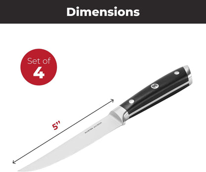 4-Piece 5" Ultra Premium Steak Knife Set | 4 German Non-Serrated Stainless Steel Kitchen Steak Knives + Wood Chef Gift Box | Anti-Fatigue Ergonomic Full-Tang Triple-Riveted Handle, Black