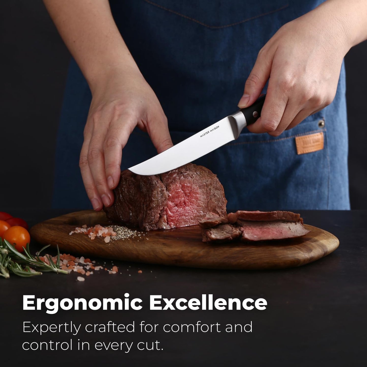 4-Piece 5" Ultra Premium Steak Knife Set | 4 German Non-Serrated Stainless Steel Kitchen Steak Knives + Wood Chef Gift Box | Anti-Fatigue Ergonomic Full-Tang Triple-Riveted Handle, Black