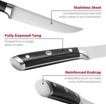 4-Piece 5" Ultra Premium Steak Knife Set | 4 German Non-Serrated Stainless Steel Kitchen Steak Knives + Wood Chef Gift Box | Anti-Fatigue Ergonomic Full-Tang Triple-Riveted Handle, Black