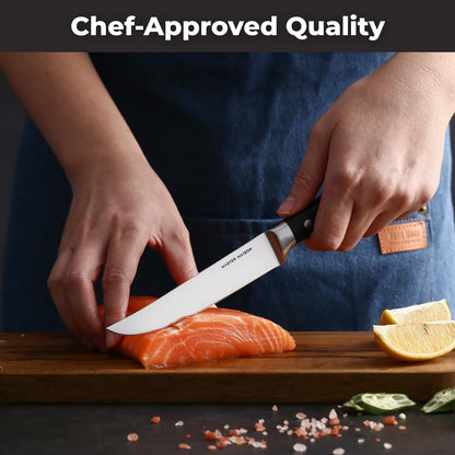 4-Piece 5" Ultra Premium Steak Knife Set | 4 German Non-Serrated Stainless Steel Kitchen Steak Knives + Wood Chef Gift Box | Anti-Fatigue Ergonomic Full-Tang Triple-Riveted Handle, Black