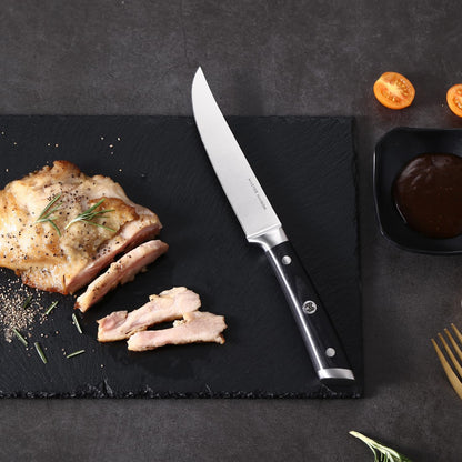4-Piece 5" Ultra Premium Steak Knife Set | 4 German Non-Serrated Stainless Steel Kitchen Steak Knives + Wood Chef Gift Box | Anti-Fatigue Ergonomic Full-Tang Triple-Riveted Handle, Black