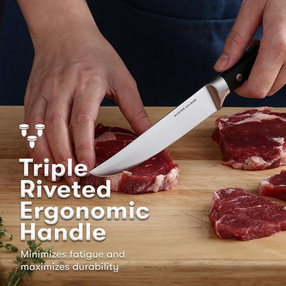 4-Piece 5" Ultra Premium Steak Knife Set | 4 German Non-Serrated Stainless Steel Kitchen Steak Knives + Wood Chef Gift Box | Anti-Fatigue Ergonomic Full-Tang Triple-Riveted Handle, Black