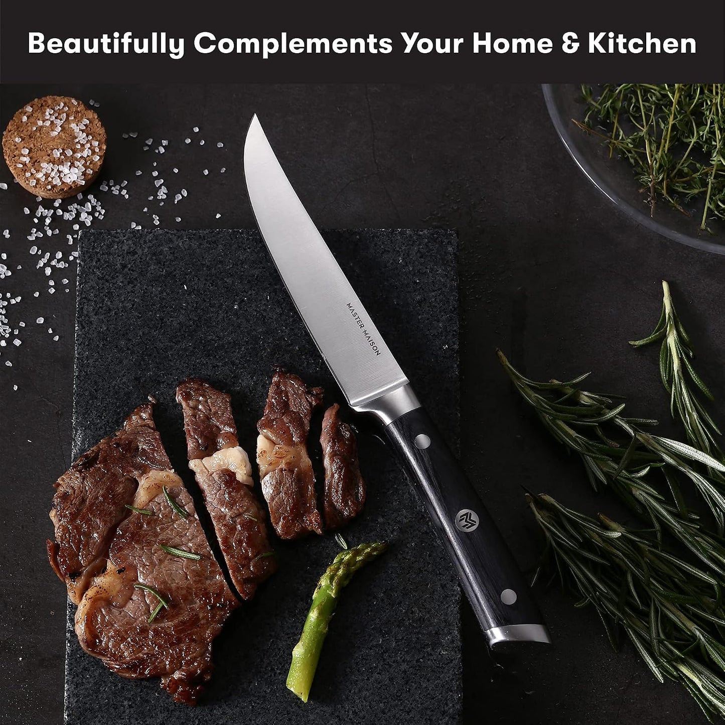 4-Piece 5" Ultra Premium Steak Knife Set | 4 German Non-Serrated Stainless Steel Kitchen Steak Knives + Wood Chef Gift Box | Anti-Fatigue Ergonomic Full-Tang Triple-Riveted Handle, Black