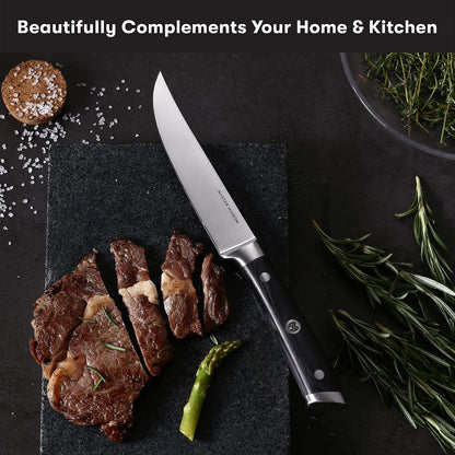 4-Piece 5" Ultra Premium Steak Knife Set | 4 German Non-Serrated Stainless Steel Kitchen Steak Knives + Wood Chef Gift Box | Anti-Fatigue Ergonomic Full-Tang Triple-Riveted Handle, Black