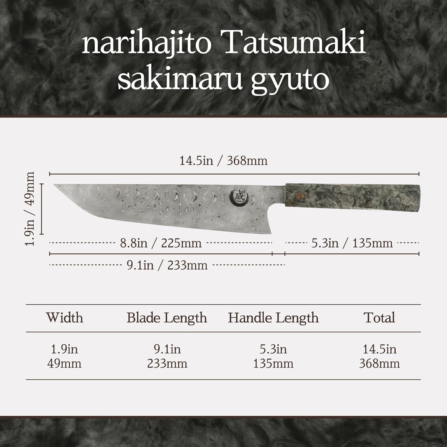 Tatsumaki Sakimaru Gyuto Chef Knife 9.5" (240mm) – 110 Layer Damascus Steel, Dual Core Blade, Ultra Sharp Kitchen Knife