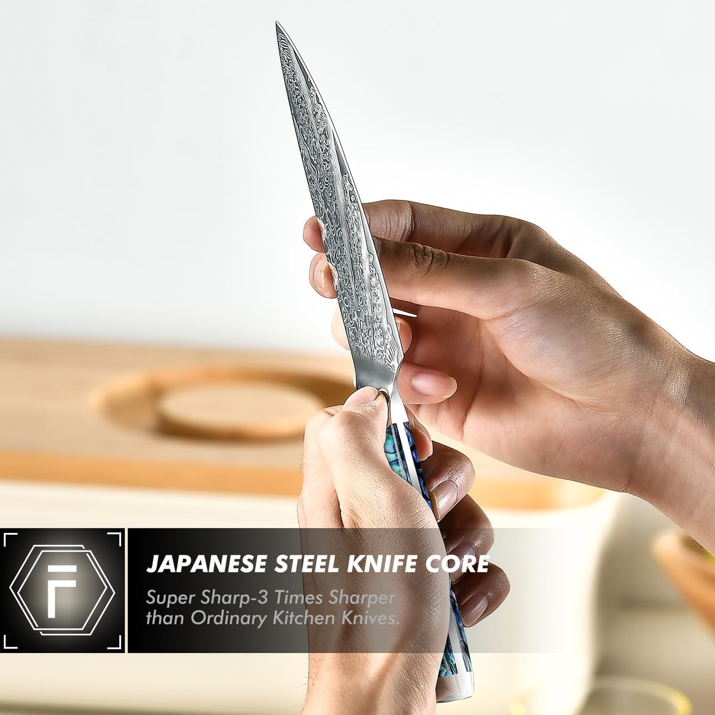 Fanteck Damascus 5 inch Chef Knife Utility Knife,Japanese VG10 Steel Kitchen Petty Knife,Professional Paring Knives High Carbon Super Sharp, 67-Layer with Full Tang Abalone Shell Handle & Wooden Cover