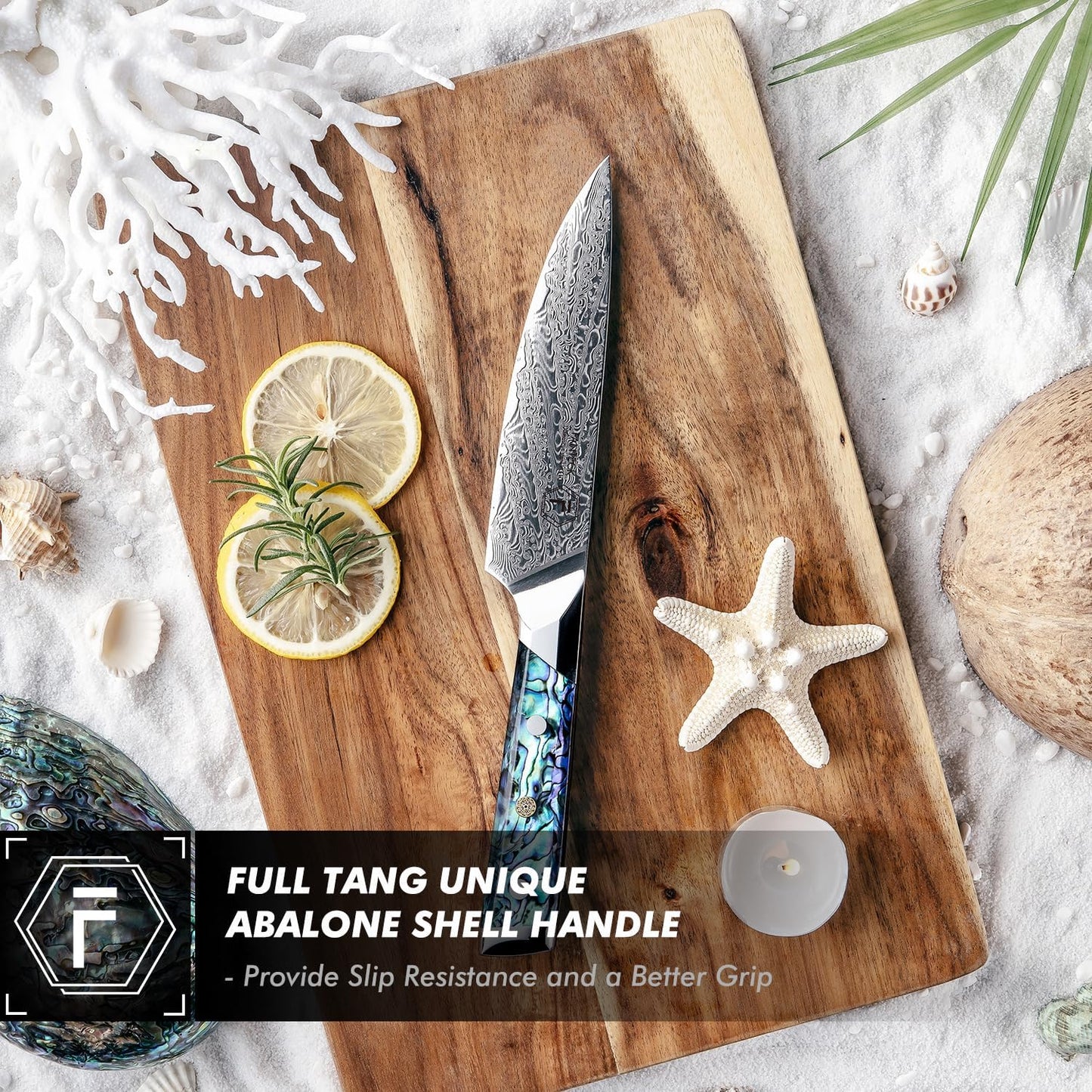 Fanteck Damascus 5 inch Chef Knife Utility Knife,Japanese VG10 Steel Kitchen Petty Knife,Professional Paring Knives High Carbon Super Sharp, 67-Layer with Full Tang Abalone Shell Handle & Wooden Cover