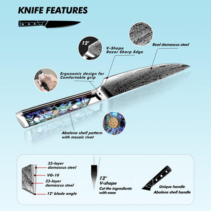 Fanteck Damascus 5 inch Chef Knife Utility Knife,Japanese VG10 Steel Kitchen Petty Knife,Professional Paring Knives High Carbon Super Sharp, 67-Layer with Full Tang Abalone Shell Handle & Wooden Cover