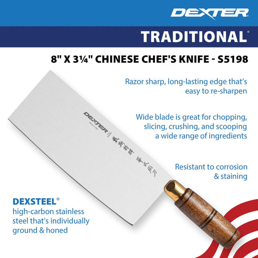 S5198 Traditional Chinese Chef’s Knife, 8" x 3-1/4" High Carbon Stain-Free Steel Blade, Walnut Handle, Professional USA Made Chef’s Knife for Precise Chopping and Slicing