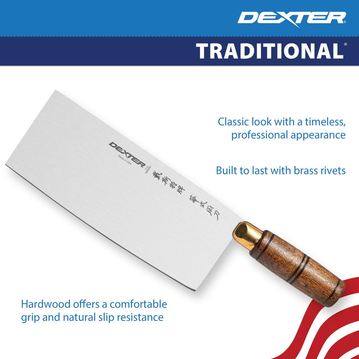 S5198 Traditional Chinese Chef’s Knife, 8" x 3-1/4" High Carbon Stain-Free Steel Blade, Walnut Handle, Professional USA Made Chef’s Knife for Precise Chopping and Slicing