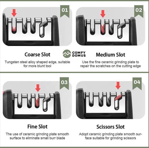 4-in-1 Knife & Scissor Sharpener – 3-Stage Manual System for Kitchen Knives, Chef & Serrated Blades – Non-Slip Base & Ergonomic Handle – Safe & Easy to Use