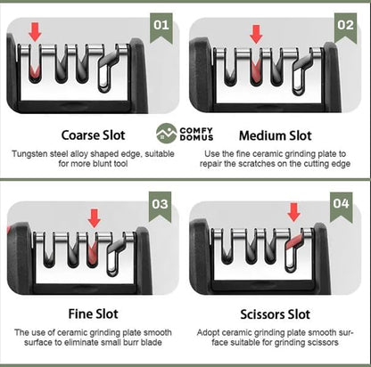 4-in-1 Knife & Scissor Sharpener – 3-Stage Manual System for Kitchen Knives, Chef & Serrated Blades – Non-Slip Base & Ergonomic Handle – Safe & Easy to Use